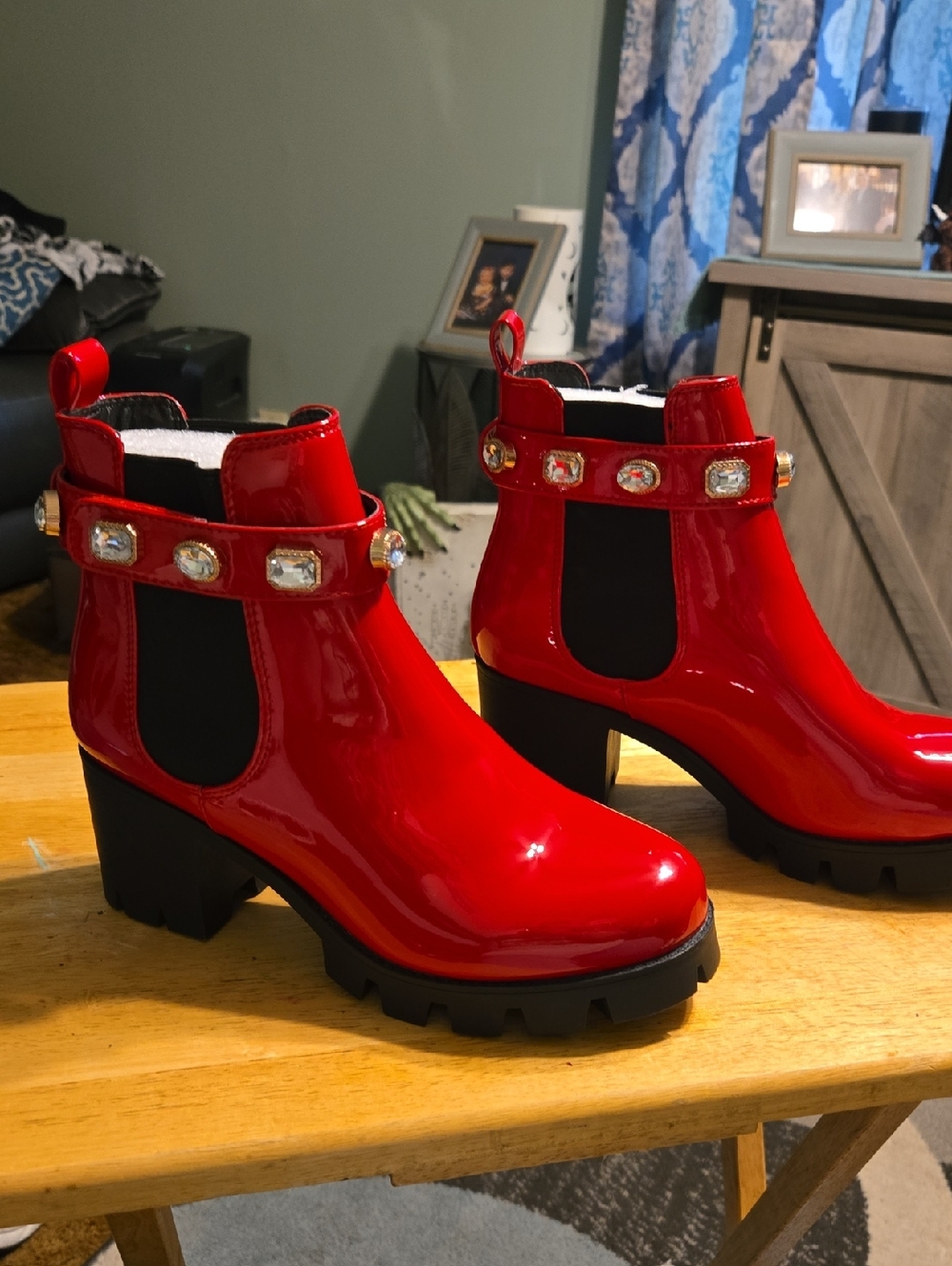 Women's Red Patent Jewel-Trim Ankle Booties